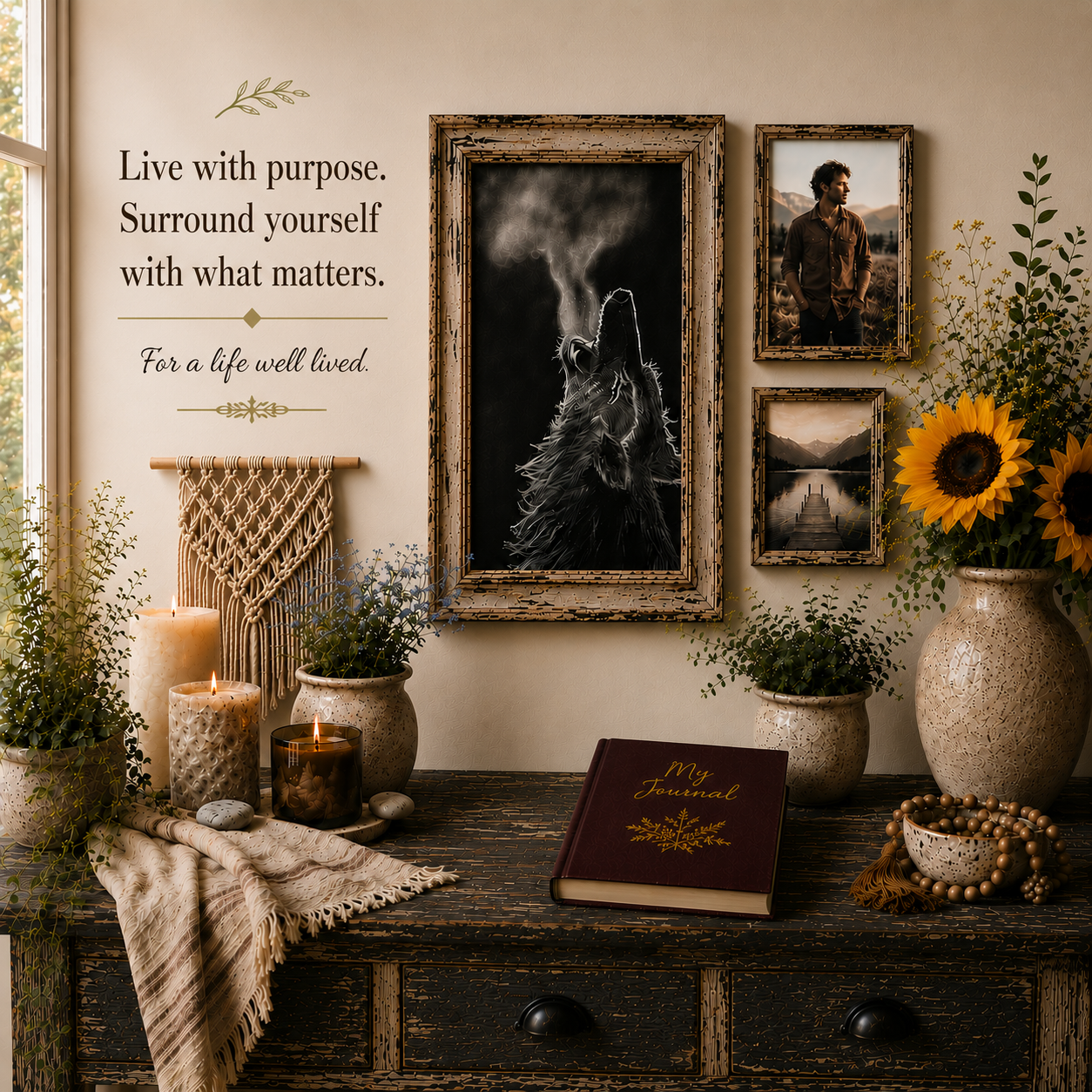 Thoughtfully styled home décor featuring meaningful accents, natural textures, artisan craftsmanship, and timeless pieces that inspire intentional living.