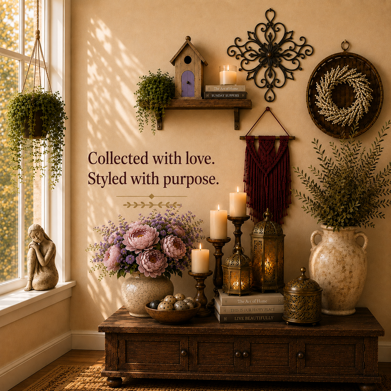 Thoughtfully curated home décor featuring meaningful accents, natural textures, artisan craftsmanship, and timeless pieces that inspire intentional living.