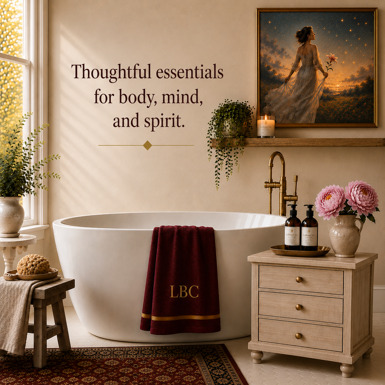 Luxury bath and wellness collection featuring natural bath products, plush towels, candles, botanical décor, and spa-inspired home essentials.