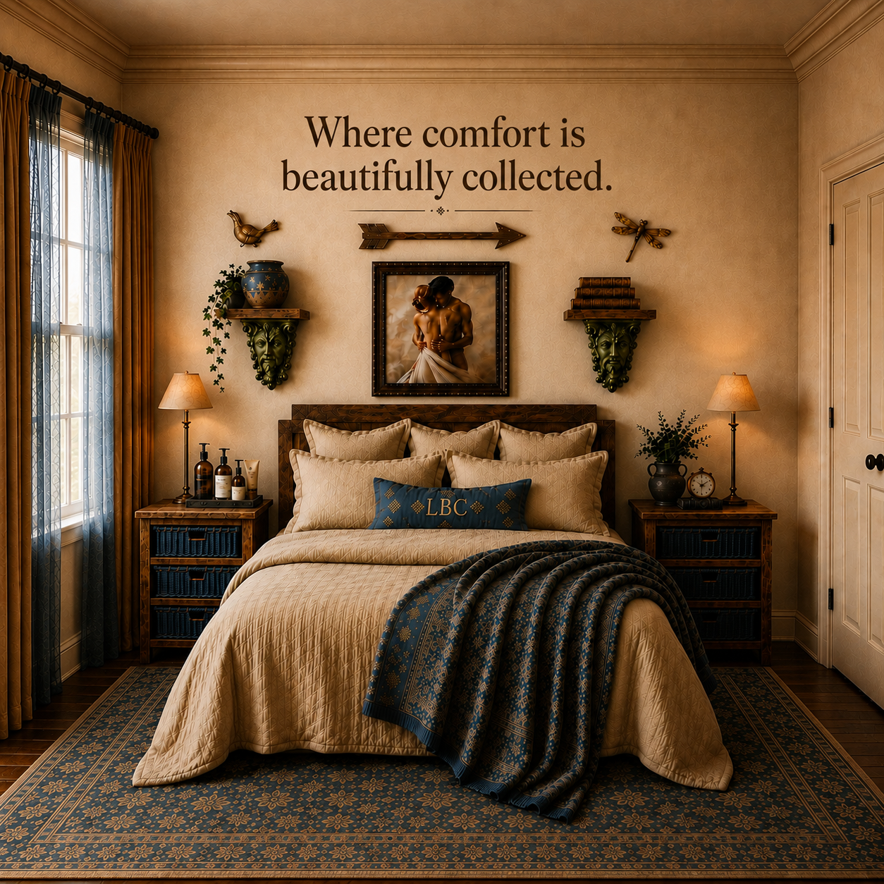 Quiet Living bedroom featuring timeless taupe linen bedding, blue quilt, antique-inspired décor, Green Man corbels, and heirloom accents by LaBeauChio Living.