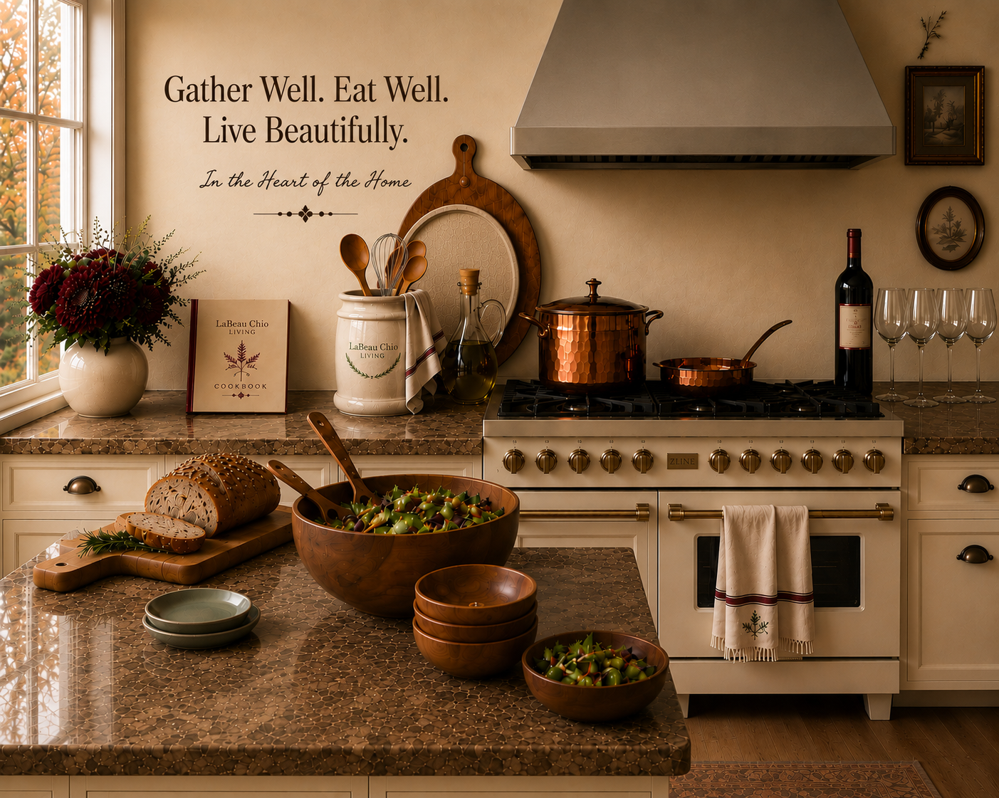 Sunlight, heirloom farmhouse-inspired kitchen featuring natural, wood, cabinetry, warm, stone, textures, artisan, cookware, fresh bread, gathered flowers, and timeless, details design for a beautiful everyday, living and meaningful gatherings.