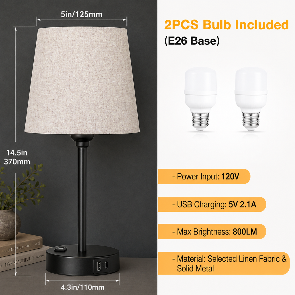 Mini Bedside Lamps With USB C And AC Outlets Set of 2