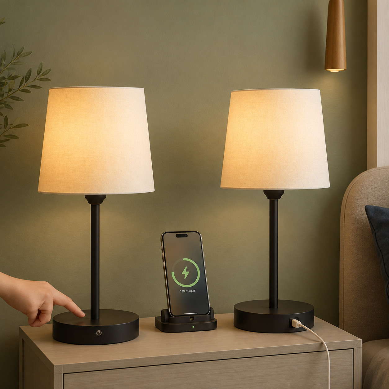 Mini Bedside Lamps With USB C And AC Outlets Set of 2