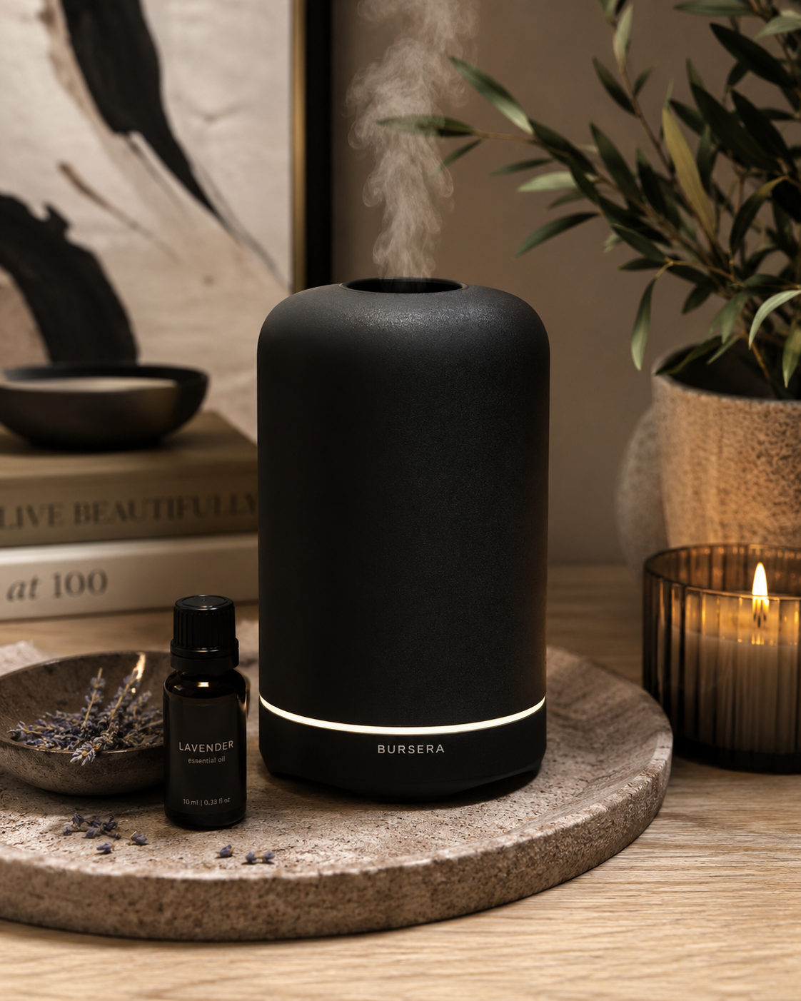 Black Ceramic Essential Oil Diffuser with Soft White LED Light