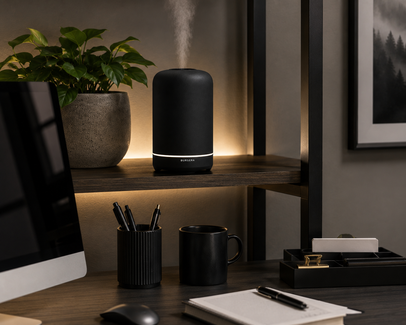 Black Ceramic Essential Oil Diffuser with Soft White LED Light