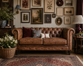 Heritage leather sofa styled in a collected living space